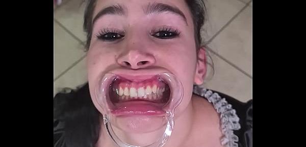  French maid tries to drink her own piss with a lip retractor | funny